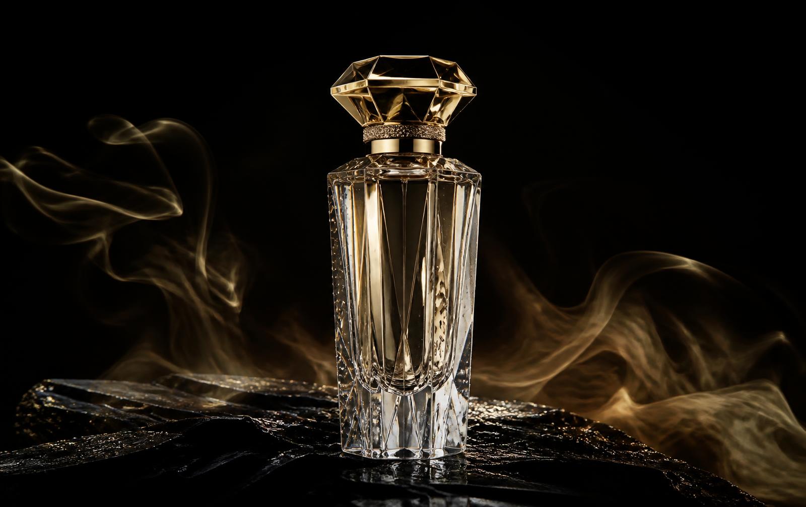 Faceted crystal Kyphi flacon in golden smoke